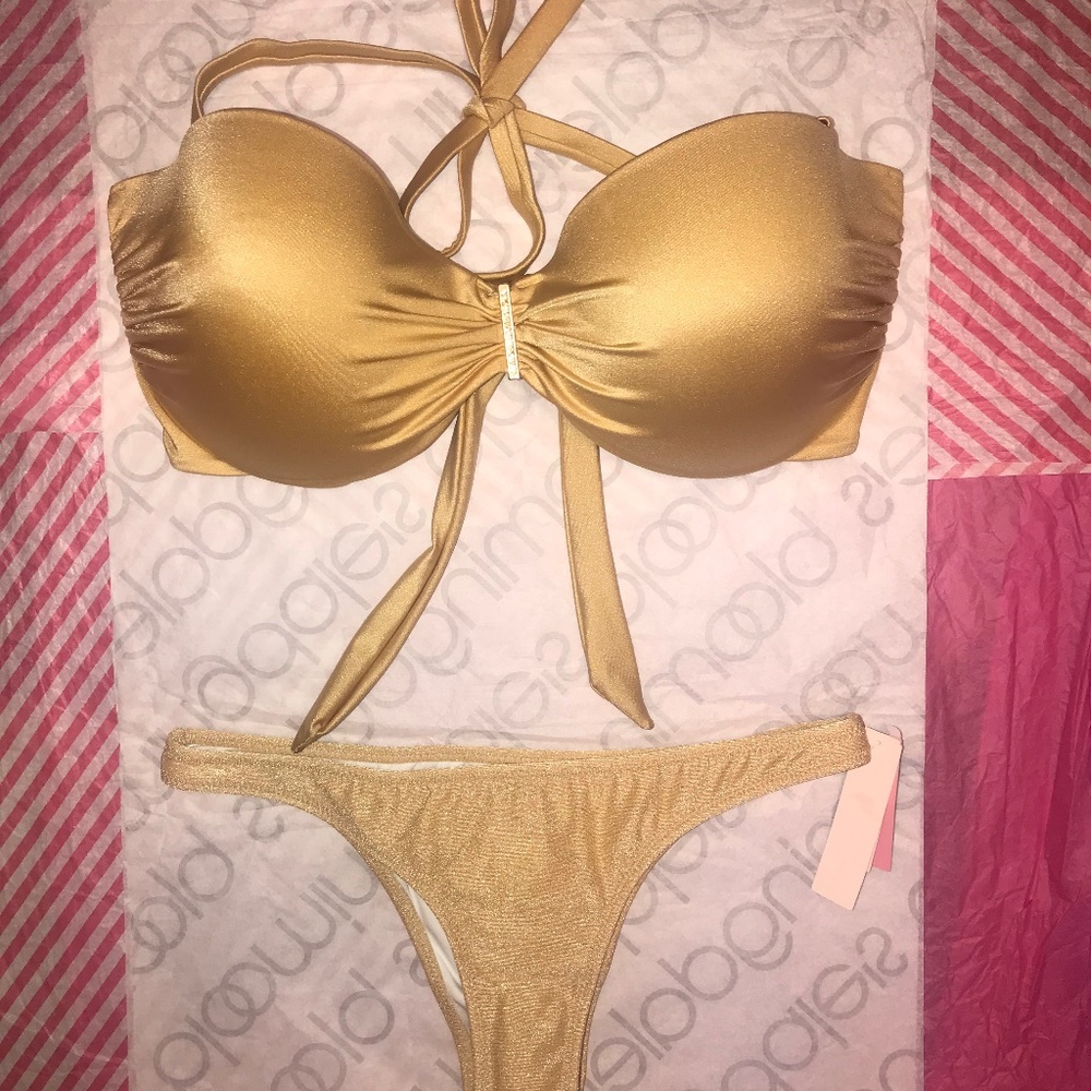 Victoria’s Secret Swim Bikini Bandeau Strapless Tie Top Bottoms Gold Set 38DD XS